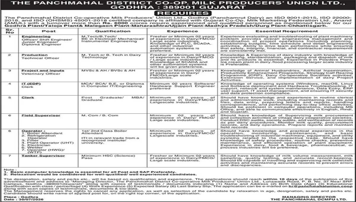 Panchamrut Dairy Recruitment 2026
